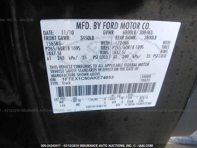 1FTEX1C80AKE74853 - 2010 FORD F150 SUPER CAB BLACK photo 9