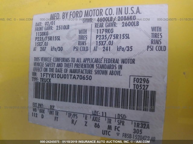 1FTYR10U01TA70650 - 2001 FORD RANGER YELLOW photo 9