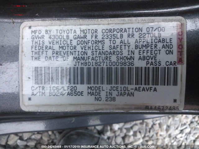 JTHBD182710009836 - 2001 LEXUS IS 300 GRAY photo 9