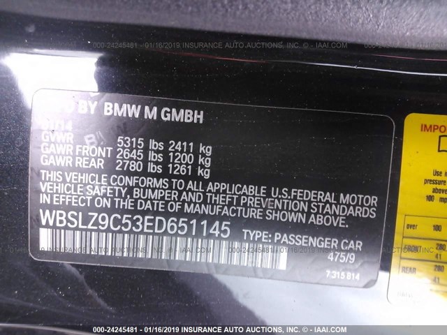 WBSLZ9C53ED651145 - 2014 BMW M6 BLACK photo 9