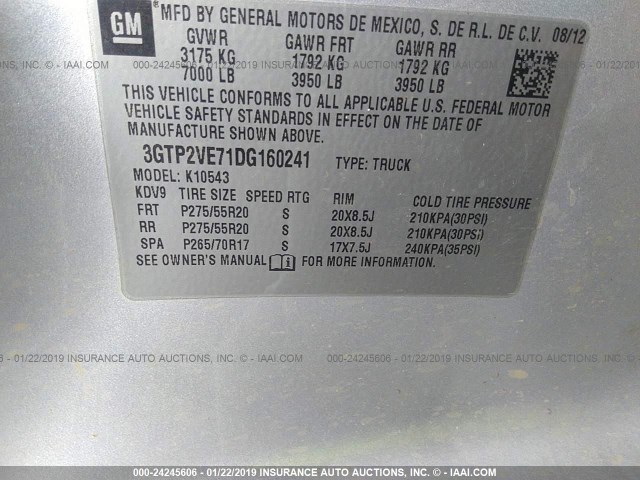 3GTP2VE71DG160241 - 2013 GMC SIERRA K1500 SLE SILVER photo 9