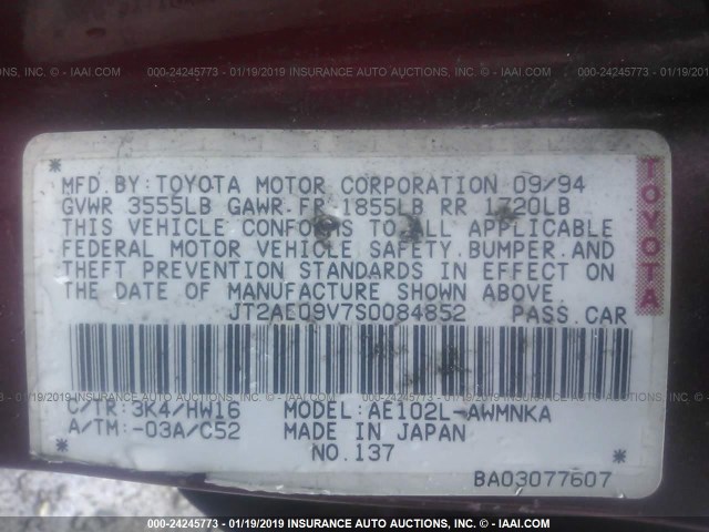 JT2AE09V7S0084852 - 1995 TOYOTA COROLLA DX RED photo 9