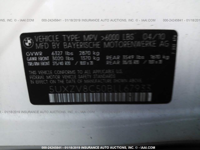 5UXZV8C50BLL67933 - 2011 BMW X5 XDRIVE50I WHITE photo 9