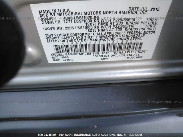 4A4AP3AW3FE043935 - 2015 MITSUBISHI OUTLANDER SPORT ES SILVER photo 9