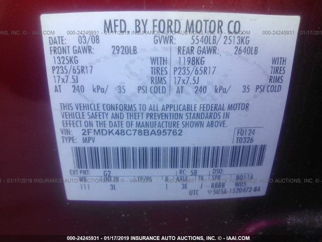 2FMDK48C78BA95762 - 2008 FORD EDGE SEL RED photo 9