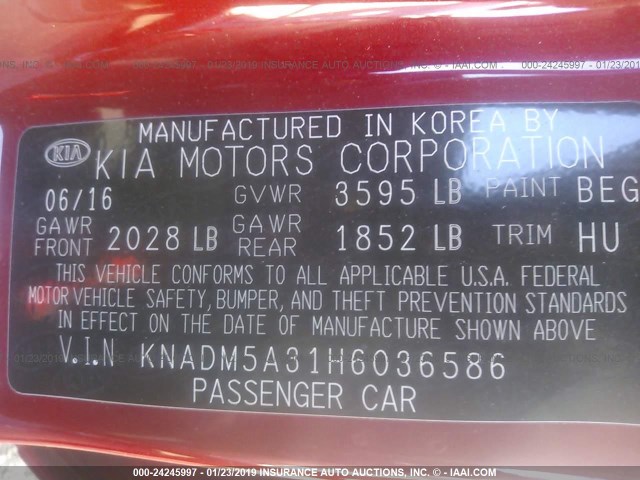 KNADM5A31H6036586 - 2017 KIA RIO LX RED photo 9