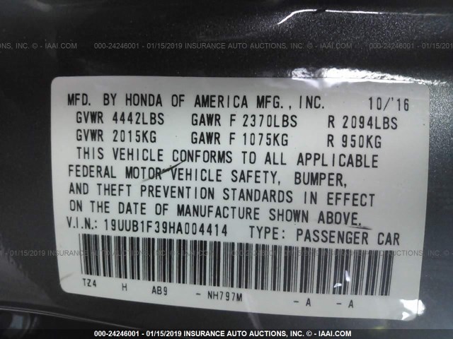 19UUB1F39HA004414 - 2017 ACURA TLX GRAY photo 9