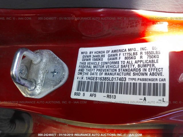 1HGES16385L017403 - 2005 HONDA CIVIC DX VP Qırmızı foto 9