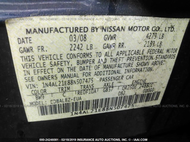 1N4AL21E88N507475 - 2008 NISSAN ALTIMA 2.5/2.5S BLUE photo 9