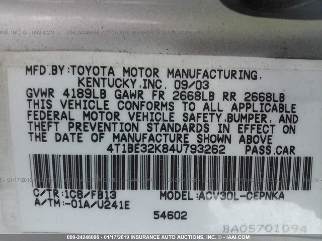 4T1BE32K84U793262 - 2004 TOYOTA CAMRY LE/XLE/SE SILVER photo 9