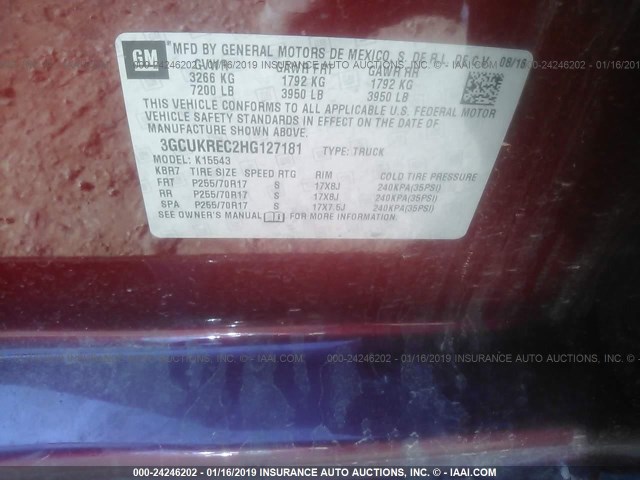 3GCUKREC2HG127181 - 2017 CHEVROLET SILVERADO K1500 LT MAROON photo 9