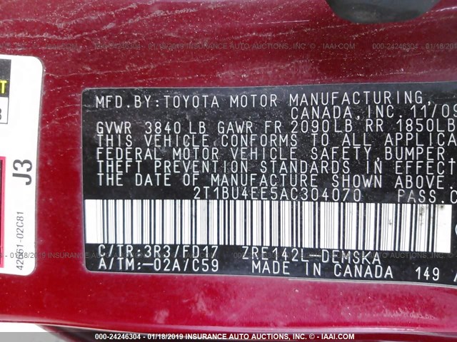 2T1BU4EE5AC304070 - 2010 TOYOTA COROLLA S/LE/XLE RED photo 9
