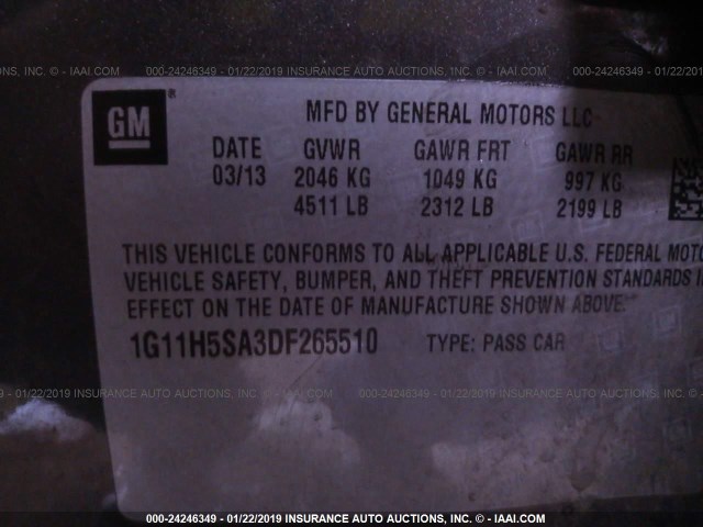 1G11H5SA3DF265510 - 2013 CHEVROLET MALIBU LTZ ნაცრისფერი ფოტო 9