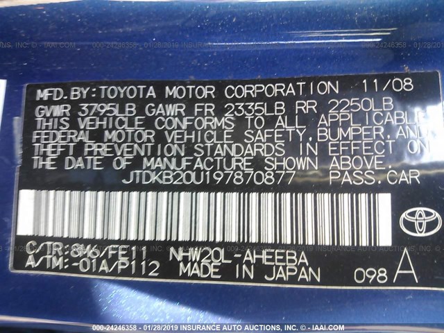 JTDKB20U197870877 - 2009 TOYOTA PRIUS BLUE photo 9