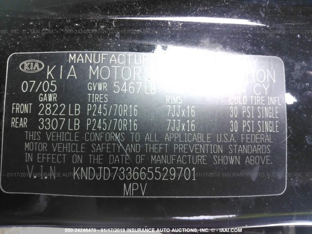 KNDJD733665529701 - 2006 KIA SORENTO EX/LX BLACK photo 9