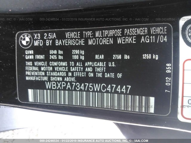 WBXPA73475WC47447 - 2005 BMW X3 2.5I BLACK photo 9