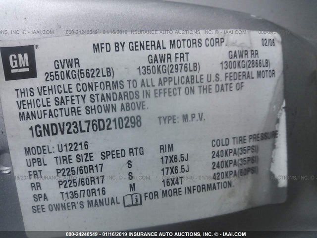 1GNDV23L76D210298 - 2006 CHEVROLET UPLANDER LS SILVER photo 9