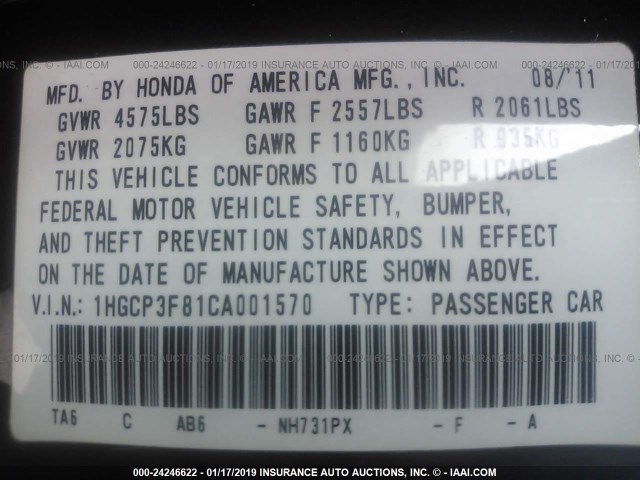 1HGCP3F81CA001570 - 2012 HONDA ACCORD EXL BLACK photo 9