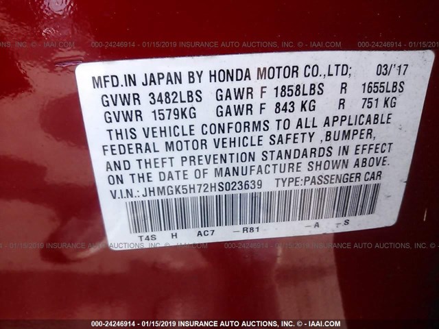 JHMGK5H72HS023639 - 2017 HONDA FIT EX/EXL RED photo 9