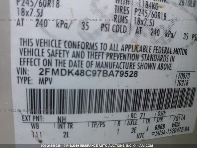 2FMDK48C97BA79528 - 2007 FORD EDGE SEL WHITE photo 9