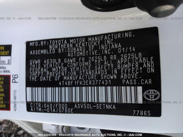 4T4BF1FK3ER377431 - 2014 TOYOTA CAMRY L/SE/LE/XLE 白色 照片 9