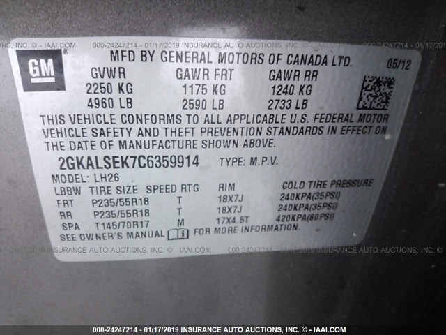 2GKALSEK7C6359914 - 2012 GMC TERRAIN SLE GRAY photo 9