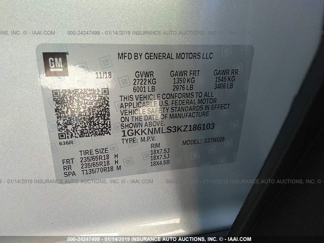 1GKKNMLS3KZ186103 - 2019 GMC ACADIA SILVER photo 9