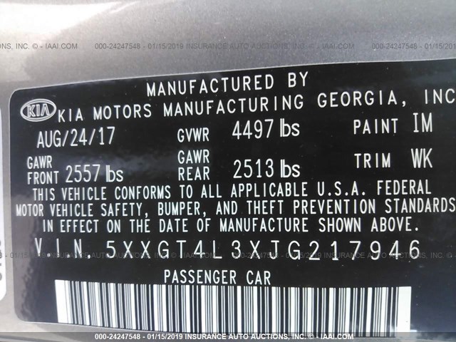 5XXGT4L3XJG217946 - 2018 KIA OPTIMA LX/S GRAY photo 9