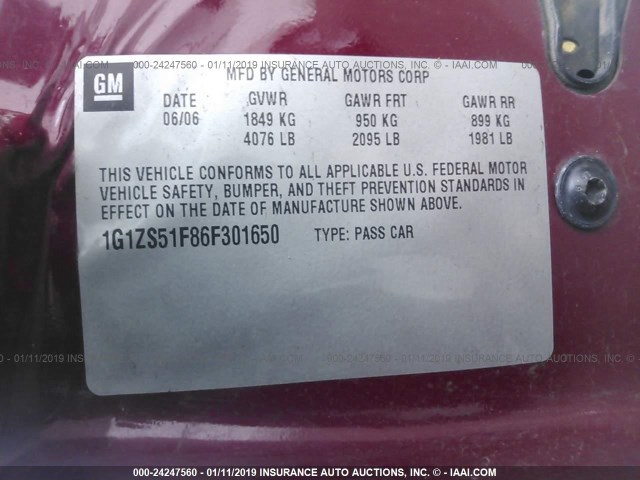 1G1ZS51F86F301650 - 2006 CHEVROLET MALIBU LS BURGUNDY photo 9