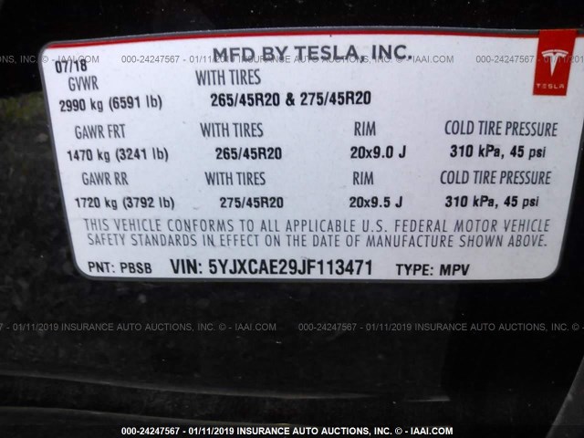 5YJXCAE29JF113471 - 2018 TESLA MODEL X BLACK photo 9