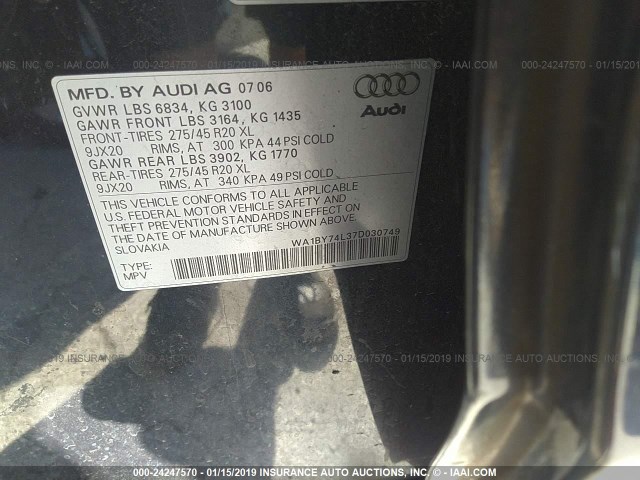 WA1BY74L37D030749 - 2007 AUDI Q7 3.6 QUATTRO PREMIUM BLACK photo 9