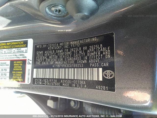 4T1BF1FK3CU199253 - 2012 TOYOTA CAMRY SE/LE/XLE GRAY photo 9