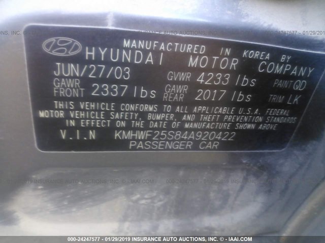 KMHWF25S84A920422 - 2004 HYUNDAI SONATA GL GRAY photo 9