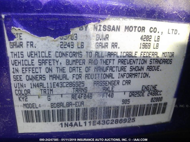 1N4AL11E43C286925 - 2003 NISSAN ALTIMA S/SL PURPLE photo 9