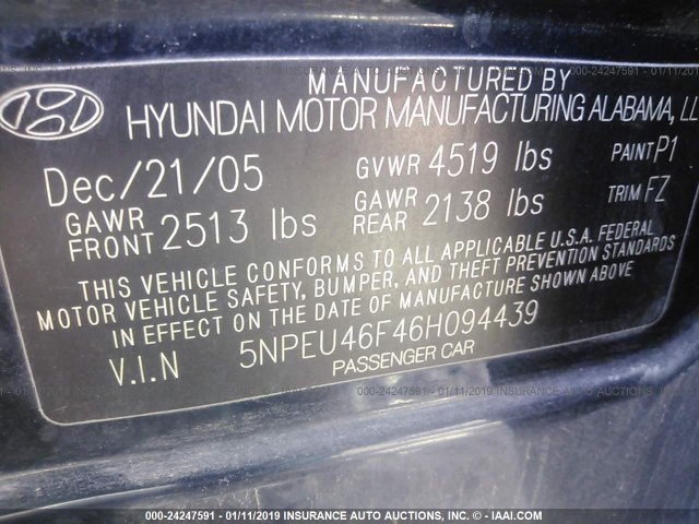 5NPEU46F46H094439 - 2006 HYUNDAI SONATA GLS/LX GREEN photo 9