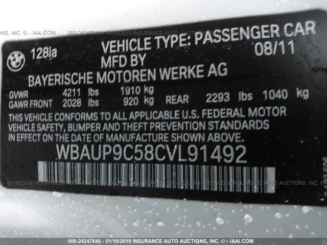 WBAUP9C58CVL91492 - 2012 BMW 128 I WHITE photo 9