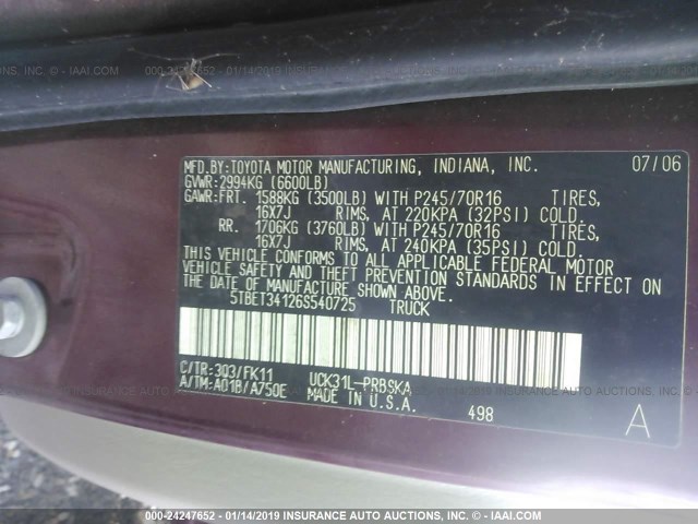 5TBET34126S540725 - 2006 TOYOTA TUNDRA DOUBLE CAB SR5 BURGUNDY photo 9