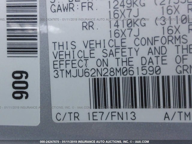 3TMJU62N28M061590 - 2008 TOYOTA TACOMA DOUBLE CAB PRERUNNER SILVER photo 9