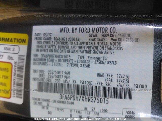 3FA6P0H7XHR375015 - 2017 FORD FUSION GRAY photo 9