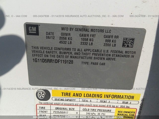 1G11D5RR1DF119128 - 2013 CHEVROLET MALIBU 1LT WHITE photo 9