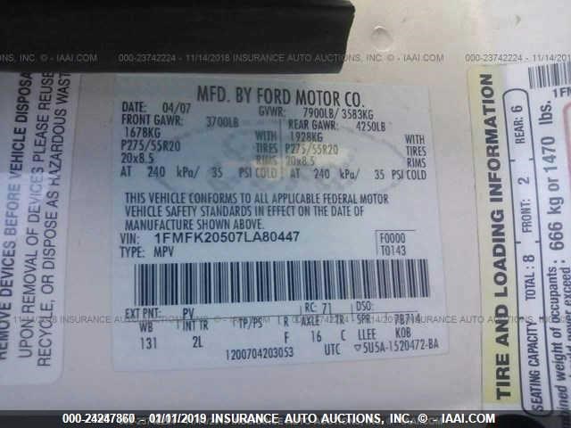 1FMFK20507LA80447 - 2007 FORD EXPEDITION EL LIMITED WHITE photo 9