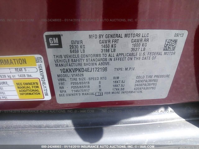 1GKKVPKD4EJ172198 - 2014 GMC ACADIA RED photo 9