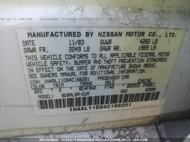 1N4AL11D84C166201 - 2004 NISSAN ALTIMA S/SL WHITE photo 9