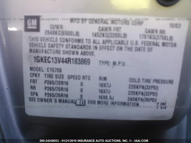 1GKEC13V44R183869 - 2004 GMC YUKON GRAY photo 9