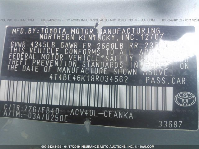 4T4BE46K18R034562 - 2008 TOYOTA CAMRY CE/LE/XLE/SE Pewter photo 9