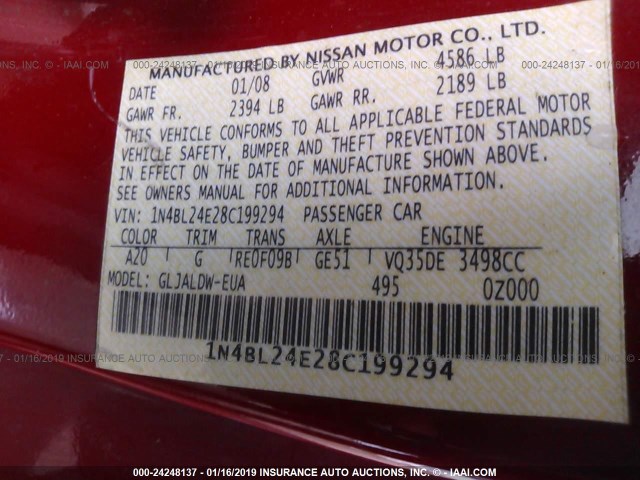 1N4BL24E28C199294 - 2008 NISSAN ALTIMA 3.5SE RED photo 9