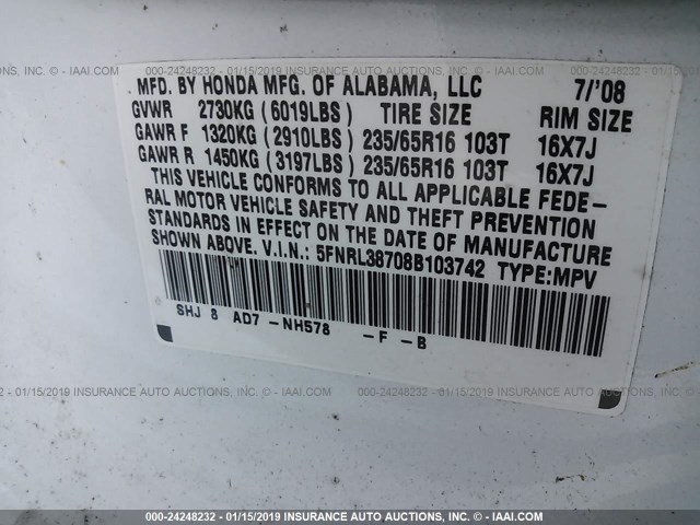 5FNRL38708B103742 - 2008 HONDA ODYSSEY EXL WHITE photo 9