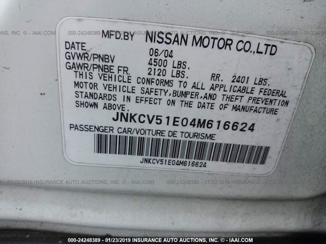 JNKCV51E04M616624 - 2004 INFINITI G35 WHITE photo 9