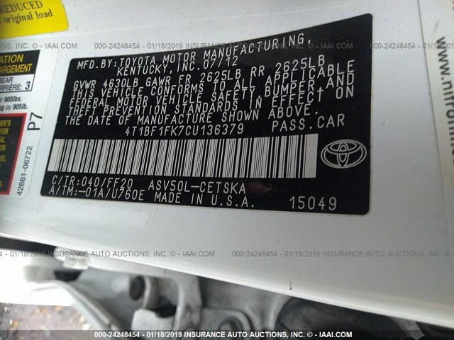 4T1BF1FK7CU136379 - 2012 TOYOTA CAMRY SE/LE/XLE 白色 照片 9