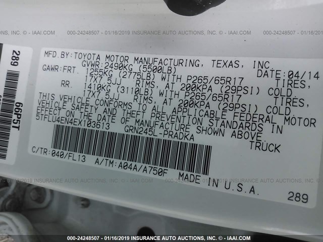 5TFLU4EN4EX103613 - 2014 TOYOTA TACOMA DOUBLE CAB 白色 照片 9